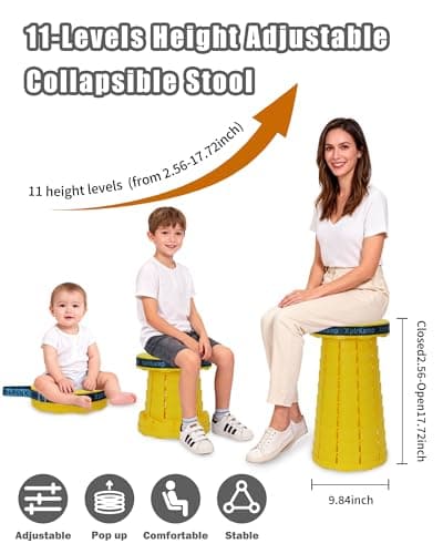 XplrKamp Folding Collapsible Stool, Upgraded Lightweight Portable Seat for Adults, Telescoping Foldable Stools with Load Capacity 400lbs for Camping, Hiking, Fishing, Outdoor/Indoor (Yellow, 1-Pack) - Thumbnail 2