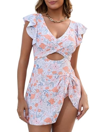 MFAVIP Women One Piece Swim Dress Tummy Control Swimsuits V Neck Ruffle Bathing Suit Cutout Sexy Wrap Side Tie with Skirt - Image 1