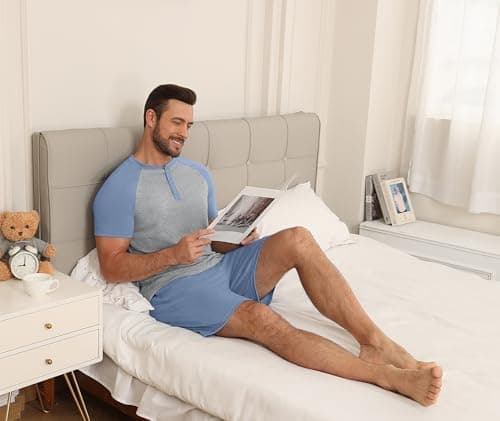 NITAGUT Mens Pajama Set 2 Piece Henley Sleepwear Lightweight Short Sleeve Loungewear Soft Comfy Sleep Set with Button,Blue M - Thumbnail 4