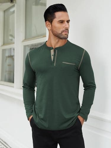 Hardaddy Men's Color Contrast Henley Shirt Long Sleeve Button T-Shirt Lightweight Henley Tshirt for Men Basic Pullover Shirt with Pocket Dark Green XXL - Thumbnail 2
