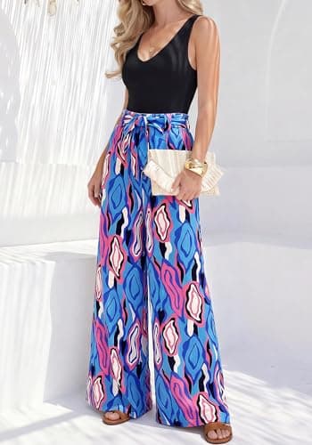 BTFBM Two Piece Sets For Women Summer 2026 Spring Outfits Casual Sleeveless Wide Leg Pants Sets Beach Vacation Clothes(Floral Blue, Small) - Thumbnail 6