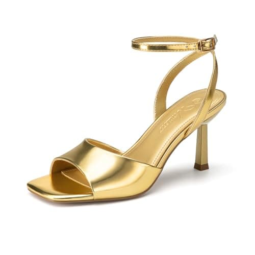 Athlefit Gold Heels for Women Dressy Summer Stiletto High Heels Square Open Toe Ankle Strap Sexy Wedding Prom Heeled Sandals Size 11 - Image 1
