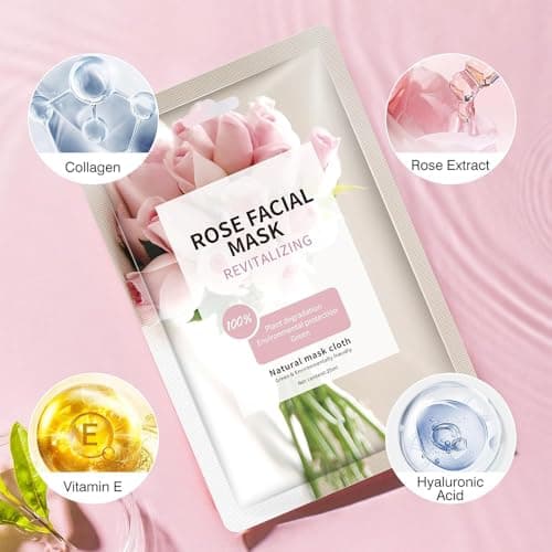 Face Masks Skincare for All Skin Types, Pink Rose Hydrating Face Sheet Masks Suitable for Sensitive Skin, Moisturizing Facial Mask for Women Skin Care, Face Mask Gifts for Face Spa 10 Sheets - Thumbnail 5