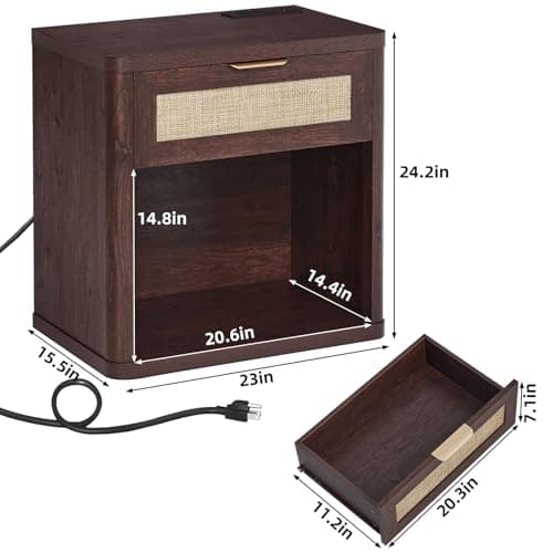 LEYAOYAO Rattan Nightstands Set of 2 with Charging Station, 23" Wide Boho Night Stand with Drawer, Walnut Bedside Table Open Cabinet, Bed Side End Table Dresser for Bedroom, Living Room, Hallway - Thumbnail 3