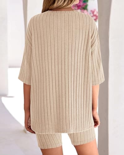 KIRUNDO Short Sets For Women Summer 2 Piece Matching Lounge Sets Casual Rib Knit Tshirts Biker Shorts Beach Vacation Outfits (Beige, Medium) - Thumbnail 5