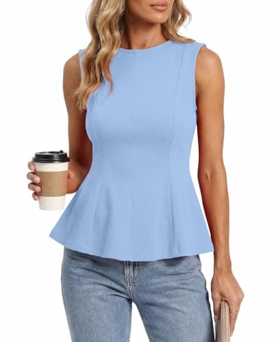BTFBM Womens Summer Tops 2026 Business Casual Outfits Crew Neck Sleeveless Shirts Slim Fit Peplum Tank Top(Light Blue, XX-Large) - Image 1