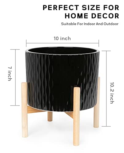 LaDoVita Ceramic Plant Pot with Stand, 10 Inch Planter with Wood Shelf, Modern Round Flower Pots Indoor with Wood Planter Holder, Black Water Ripple Pattern - Thumbnail 2