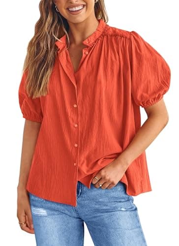 PRETTYGARDEN Women's 2026 Summer Button Down Shirts Short Lantern Sleeve V Neck Cotton Cute Tops Dressy Casual Blouses (Orange,XX-Large) - Image 1