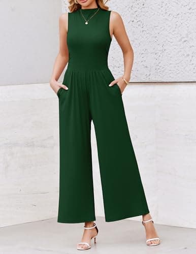 Ekouaer Summer Jumpsuits for Women Casual Mock Neck One Piece Outfits Sleeveless Formal Wide Leg Pants Romper with Pockets - Thumbnail 5