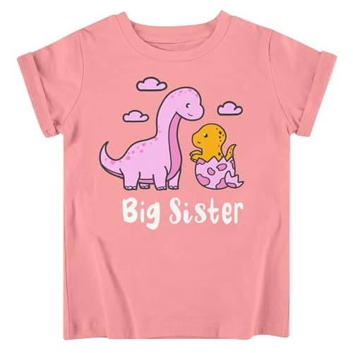 Funnycokid Big Sister Shirts for Girls 2T T-Shirt Tee Pregnancy Announcement Toddler Gifts Dinosaur 18-24 Months Short Sleeve Pink 1-2 Years - Image 1