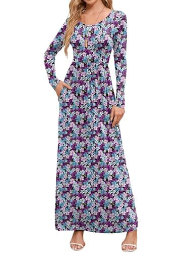 DEARCASE Maxi Dress for Women Floral Black Tri Colored Flowers Large Round Neck Boho Long Sleeves A-line Casual Hawaiian Empire Waist Flowy Party Vintage Spring Fall Winter LongDresses with Pocket - Image 1