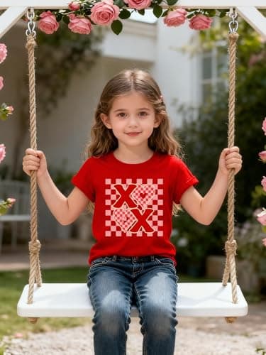 Girls Valentines Day Shirt Size 4 5 Valentine Love Heart Print T-Shirts Kids Graphic Cute Short Sleeve Tee Red - Thumbnail 2