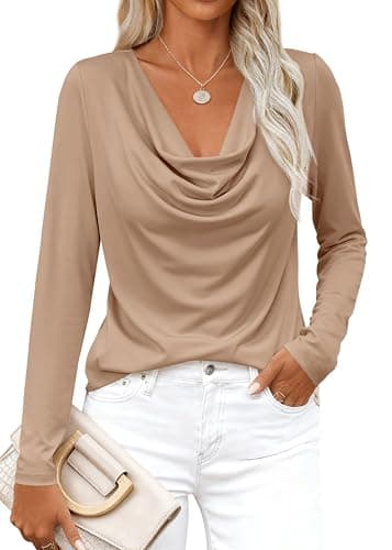 PRETTYGARDEN Womens Spring Tops 2026 Dressy Cowl Neck Long Sleeve Shirts Loose Business Casual Blouses Teacher Tunic Top(Khaki,X-Large) - Image 1