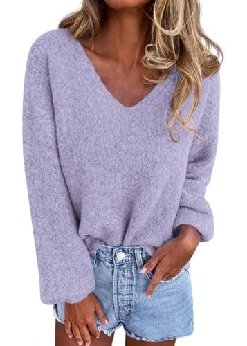 KIRUNDO Sweaters for Women Fall 2026 Oversized V Neck Cozy Cute Casual Long Sleeve Knit Pullover Trendy Winter Clothing(Light Purple, Small) - Image 1