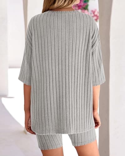 KIRUNDO Short Sets For Women Summer 2 Piece Matching Lounge Sets Casual Rib Knit Tshirts Biker Shorts Beach Vacation Outfits (Grey, X-Large) - Thumbnail 5