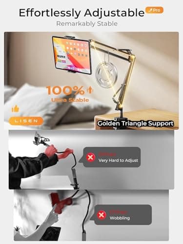 LISEN Tablet Stand iPad Stand for Desk Mount [Ultra Sturdy 2 Clamps] iPad Holder for Tablet Holder Mount Desk Accessories for Men fits iPhone Kindle 4-13" Device Valenties Day Gifts for Women (Black) - Thumbnail 3