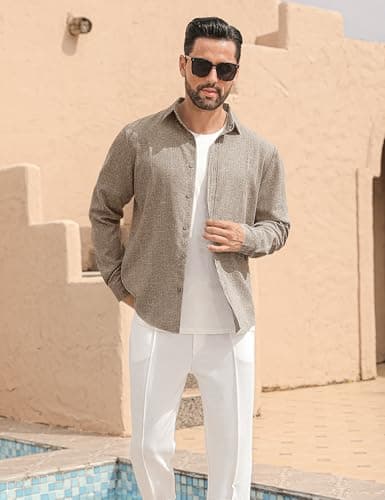 LETSEE Men's Linen Blend Button Down Shirt – Lightweight Long Sleeve Casual Shirt for Beach, Vacation & Wedding Dark Khaki - Thumbnail 2