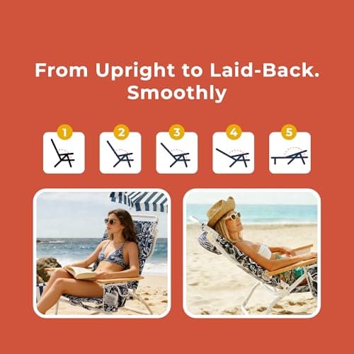 DEER LAND 5-Position Low Beach Chair, Portable Lightweight Folding Beach Chair with Wooden Armrests, Storage Pouch & Carry Strap, Coastal Beach Print – Reef Indigo - Thumbnail 5