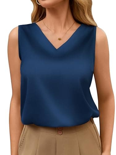 MOYEE Womens Silk Satin Sleeveless Tank Top Soft V-Neck Camisole Shirt Summer Basic Blouses Navy Blue - Image 1
