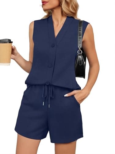 Casly Lamiit Womens Two Piece Outfits Summer Drawstring Short Sets with Pockets Sleevless Travel Airport Outfit Matching Sets Women Clothing Navy Blue S - Image 1