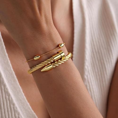 LCTrusttmor Gahna 18K Gold Plated Beads Bracelets for Women, Stackable 18K Gold Plated with Adjustable Link Chain Set Dainty Trendy Jewelry Gifts - Thumbnail 2