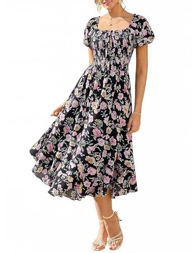 GRACE KARIN Womens Summer Floral Maxi Dress 2026 Flowy Wedding Guest Dress A Line Boho Dresses Fashion Clothing with Pockets Black Pink Floral 2XL - Image 1