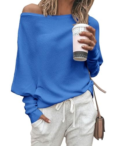 Zenlonr Women's Fall Sweaters 2026 Casual Long Batwing Sleeve Loose Off Shoulder Knit Pullovers Jumper Tops(Brilliant Blue,Small) - Image 1