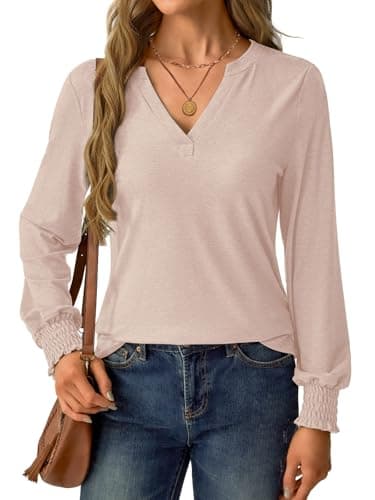 GKBK Womens Long Sleeve Shirts Fall Tops V Neck Business Dressy Casual Blouses with Smocked Cuffs Apricot - Thumbnail 5