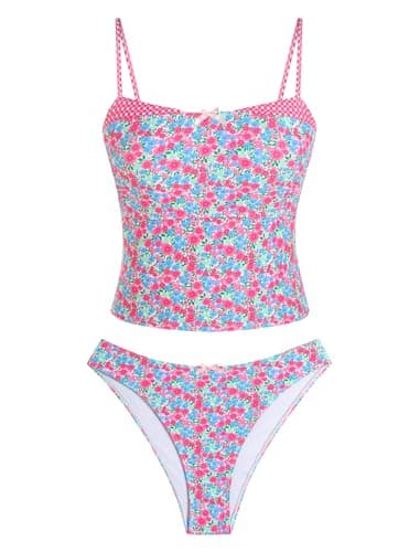 ZAFUL Womens Tankini Swimsuits Vintage Y2K Two Piece Bathing Suit 2026 Beach High Cut Tankini Set Swimwear, Floral2, L - Image 1