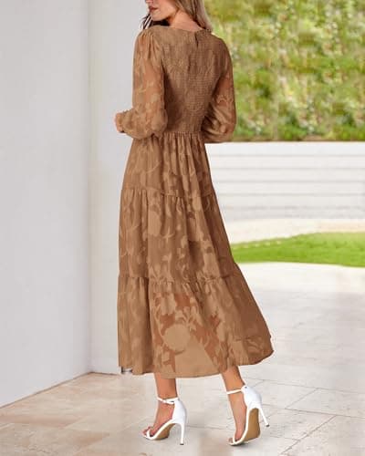 BTFBM Wedding Guest Dresses for Women Fall Fashion 2025 Casual Long Sleeve Floral Maxi Boho Homecoming Dress(Coffee,XX-Large) - Thumbnail 5