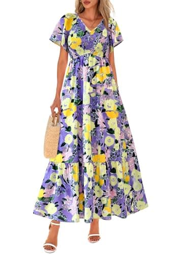 PRETTYGARDEN Boho Dresses for Women 2026 Summer Floral Short Sleeve V Neck Smocked Flowy Beach Vacation Maxi Dress (Purple Yellow Floral,Medium) - Image 1