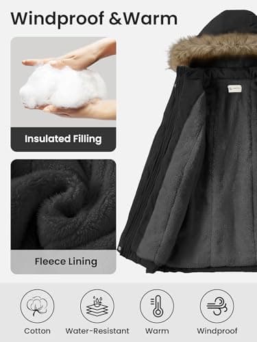 XMWEALTHY Girls Winter Coat Kids Warm Long Puffer Jacket Hooded Down Parka Padded Fleece Snow Outerwear Black 11-12Y - Thumbnail 5