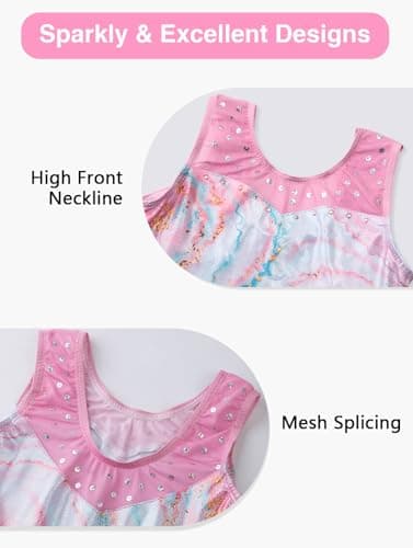 HOZIY Girls Gymnastics Practice Leotards Kids Sleeveless Ballet Mesh Splicing Unitards Sparkle Marble Pink 3 Piece Tumbling Outfits with Shorts 6-7 Years - Thumbnail 3