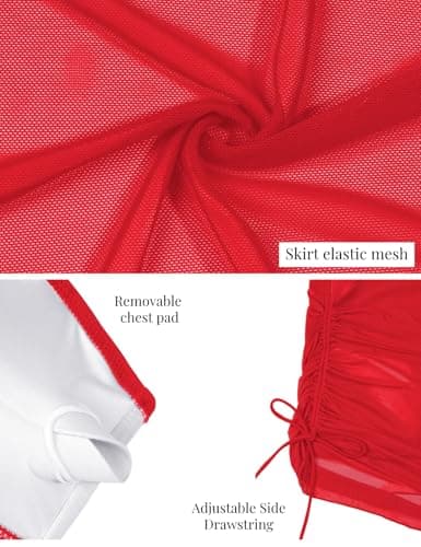 CiCiBird Women Sexy One Piece Bathing Suit Swimsuit Tummy Control Swim Dress One Shoulder Mesh Skirt Swimwear Red XL - Thumbnail 5