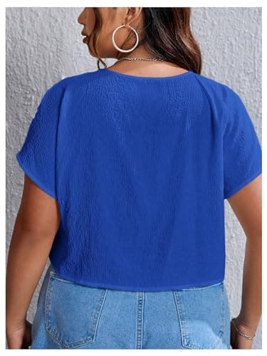MakeMeChic Women's Plus Size Ruched Front Short Sleeve Shirts Casual V Neck Crop Top Blouse Royal Blue 0XL - Thumbnail 2