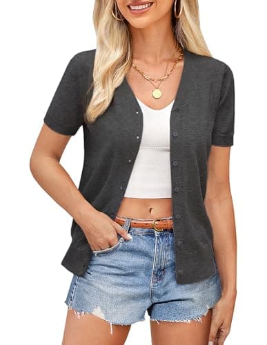 GRACE KARIN Women Short Sleeve Cardigans, Summer Comfy V Neck Button Down Sweaters, Short Sleeve Sweater for Women Trendy(Deep Dray,M) - Image 1