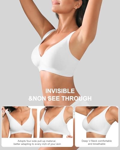 Xcutting Wireless Bra for Women No Underwire Seamless Full Coverage Comfortable Bralettes Deep V Push Up Tshirt Bras, White-Medium - Thumbnail 3