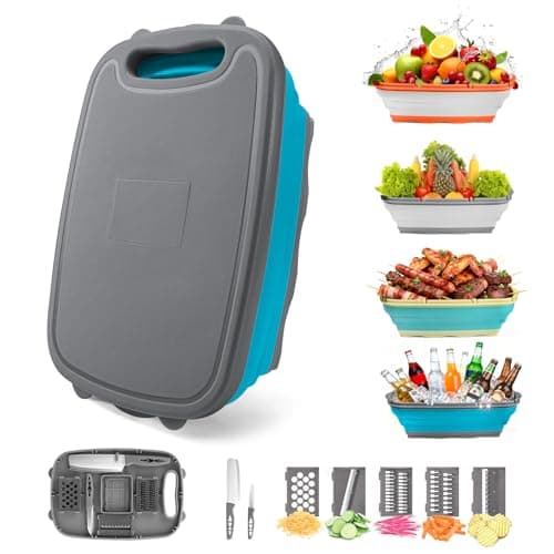 Gintan Collapsible Camping Cutting Board, 9-in-1 Chopping Board with Colander, Kitchen Vegetable Washing Basket for Camping, Camping Gifts Camping Accessories for RV Campers (Blue+Grey) - Image 1