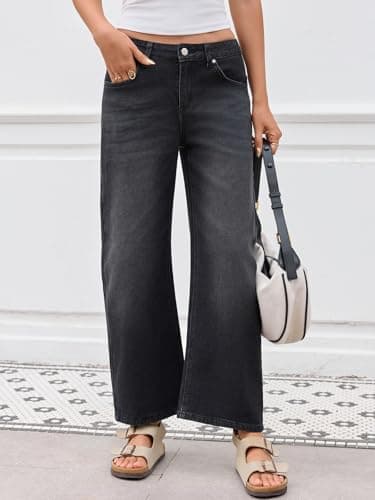 PEIHOT Mid Rised Barrel Jeans for Women Trendy Boyfriend Stretch Wide Leg Cropped Denim Pants with Pockets Black - Thumbnail 5