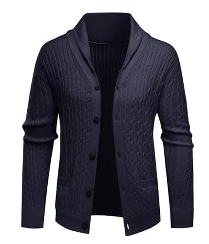 ALLOVIN Mens Cable Knit Cardigan Sweater Shawl Collar Long Sleeve Button Down with Pockets Casual Business Wear Fall Winter | Dark Blue | XX-Large - Image 1