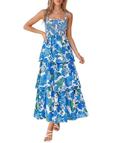 BTFBM Spring Dresses for Women 2026 Floral Spaghetti Strap Wedding Guest Dress Maxi Beach Vacation Clothes(Floral White Blue,Medium) - Image 1