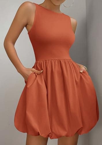PRETTYGARDEN Summer Dresses for Women 2026 Causal Sleeveless Tank Mini Short Dress Crew Neck Bubble Sundress with Pockets (Orange,X-Large) - Thumbnail 4