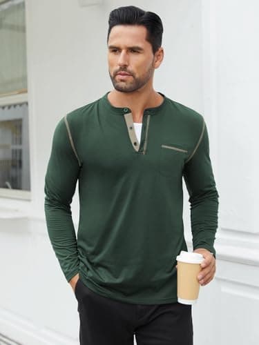 Hardaddy Men's Color Contrast Henley Shirt Long Sleeve Button T-Shirt Lightweight Henley Tshirt for Men Basic Pullover Shirt with Pocket Dark Green XXL - Thumbnail 3
