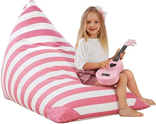 Aubliss Stuffed Animal Storage Bean Bag Chairs Cover, 50"x 35" Extra Large Bean Bags Chair for Kids & Adults, Beanbag Toy Storage for Boys Girls - Premium Cotton Canvas Pink Stripe - Image 1