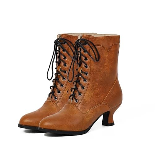 Yremael Women's Victorian Ankle Boots - Mid Calf, Round Toe, Brown, Chunky Heel, Lace Up Witch & Knight Boots - Image 1