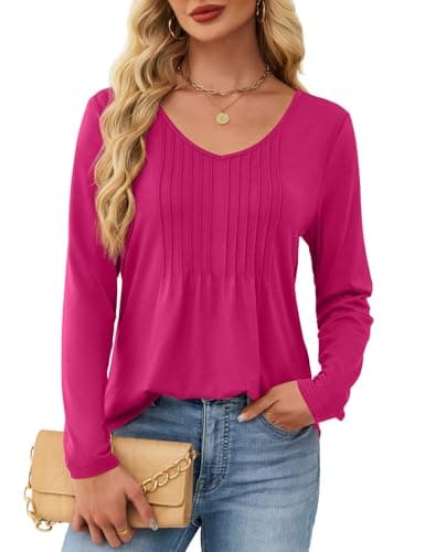 JUSTFASHIONNOW Long Sleeve Tops for Women Fall Shirts V Neck Trendy Casual Tunic Rose Red Pleated Blouse Business Dressy Outfits Tops for Leggings (Rose Red, Medium) - Thumbnail 5