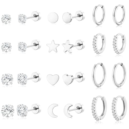 adoyi Gold Hoop Earrings Set for Women Hypoallergenic Silver Surgical Steel Earrings for Women Sensitive Ears, Flat Back Studs Stainless Steel 14K Gold Plated Hoops Earring Lightweight Jewelry - Image 1