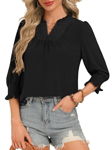 Funlingo 3/4 Length Sleeve Womens Tops Dressy Casual Flowy Blouses Boho Ruffle V Neck Lace T Shirts with Smocked Cuffs 2026 Fashion Clothing Black M - Image 1