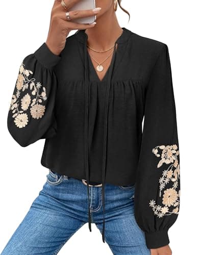 LOOKBOHO Women's Floral Embroidered V-Neck Puff Long Sleeve Casual Tops Fashion Boho Mexican Shirts Fall Blouses 2025 M - Image 1