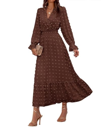 BTFBM Women Spring Maxi Dresses 2026 Long Sleeve V Neck Swiss Dots High Waisted A-Line Ruffle Boho Long Dress Vacation(Coffee,X-Large) - Image 1